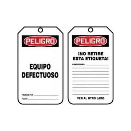 Accuform Spanish Safety Tags, DANGER DEFECTIVE EQUIPMENT, 5.75in x 3.25in, RP-Plastic, 25PK SHMDT229PTP